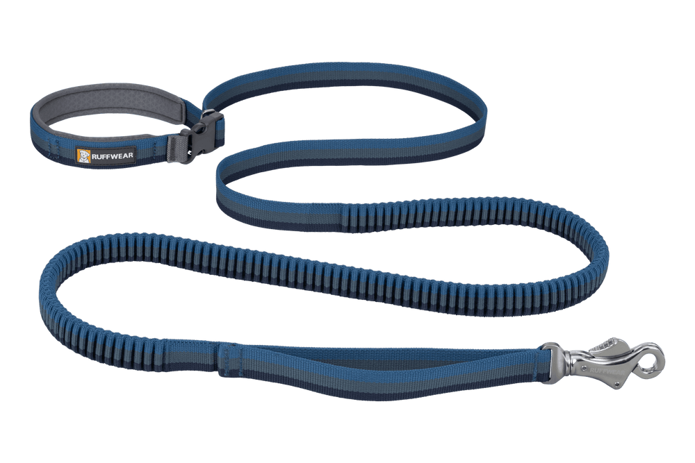 "Ruffwear Roamer™ Bungee-Hundeleine in Blau mit praktischem Griff und robustem Karabiner für Hundeausflüge."