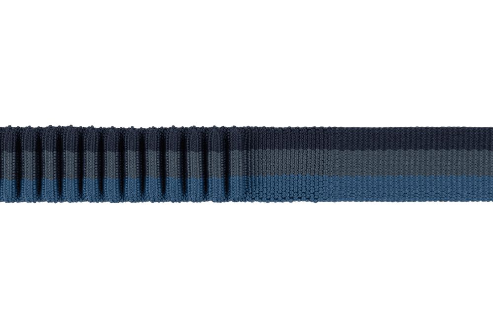 "Roamer™ Bungee-Hundeleine in blauen Streifen mit strukturierter Oberfläche für optimale Kontrolle und Komfort beim Spazierengehen."
