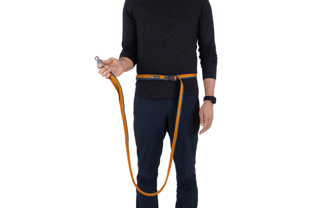 Person hält orangefarbene Roamer™ Bungee-Hundeleine mit Schnalle, trägt schwarzes Oberteil. Ideal für aktive Hundebesitzer.