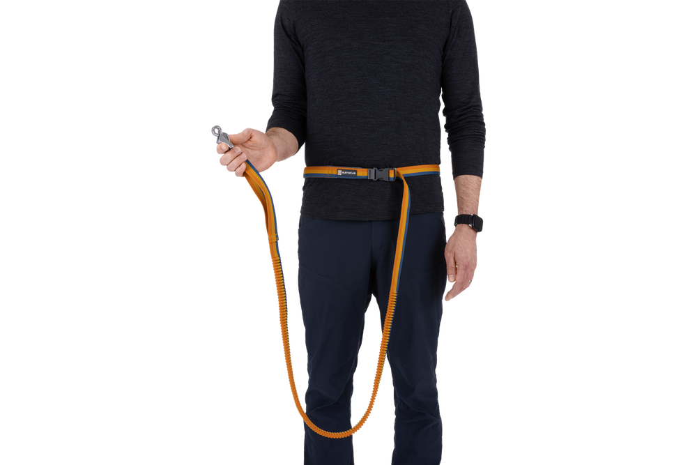 Person hält orangefarbene Roamer™ Bungee-Hundeleine mit Schnalle, trägt schwarzes Oberteil. Ideal für aktive Hundebesitzer.
