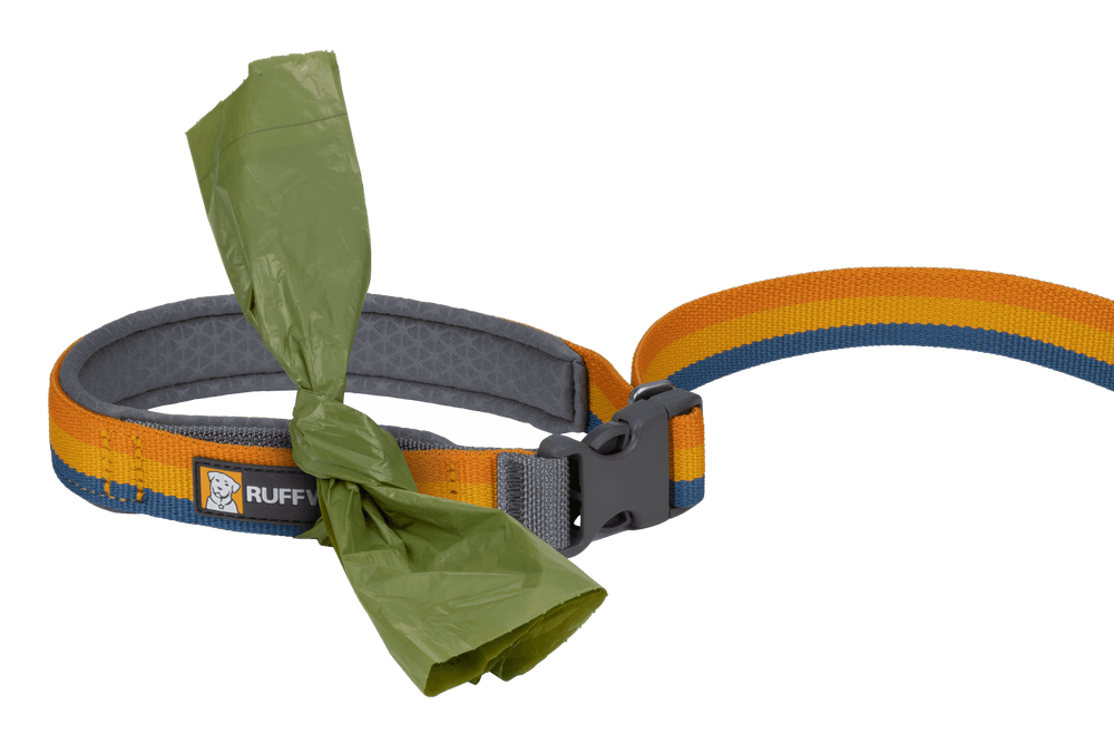 "Roamer™ Bungee-Hundeleine in orange-gelb mit grauer Schnalle und grünem Kotbeutel für komfortables Gassigehen."