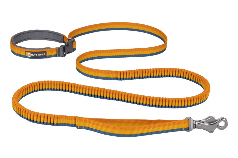 "Roamer™ Bungee-Hundeleine von Ruffwear in orange mit grauen und gelben Akzenten, gepolstertem Griff und stabiler Karabinerhaken."