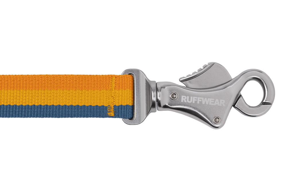 Ruffwear Roamer™ Bungee-Hundeleine in Orange und Blau mit silbernem Karabinerhaken, ideal für aktive Hunde.