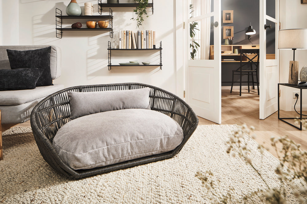 Modernes Wohnzimmer mit schwarzem Korbsessel, grauem Kissen und stilvollen Regalen für ein elegantes Ambiente.