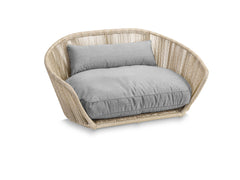 Modernes Design-Hundebett SMOOTH von VOGUE mit grauer Polsterung und geflochtenem Rahmen in runder Form. Eleganter Haustiersessel.