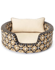 Rundes Hundebett Delano, robustes Geflecht in Braun-Beige, erhöhte Umrandung, beiges Kissen, dekorativ, stilvoll, gemütlich.