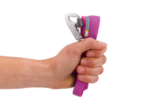 Hand, die eine pinke Hi Light™ Hundeleine mit Karabinerhaken hält, detailreiche texturierte Oberfläche.
