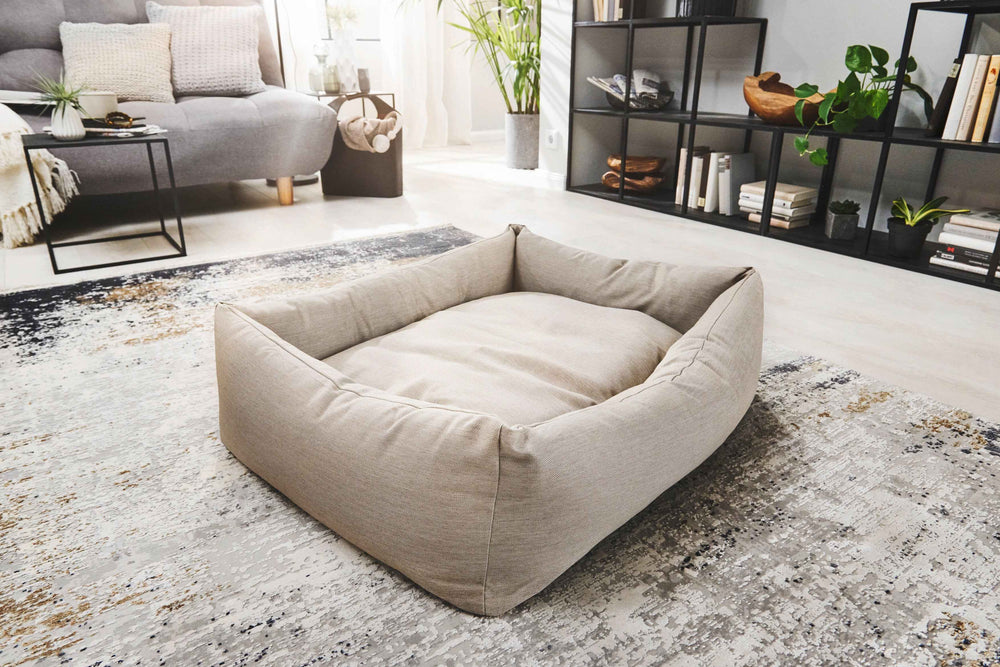 Beiges quadratisches CLASSIC Hundebett SMOOTH auf einem Teppich, umgeben von grauem Sofa und modernen Möbeln.