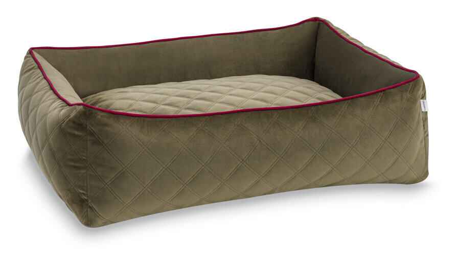 CLASSIC Hundebett OXFORD in olivgrün mit erhöhten Seiten und roter Kontrastnaht für optimalen Schlaf und Ruhe.