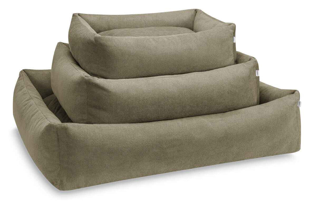 ORTHO Hundebett TUDOR in verschiedenen Größen, bequem und weich, mit abgerundetem Design und strukturiertem Stoff.