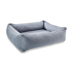 Orthopädisches Hundebett VITO in grau mit hohen, gepolsterten Seiten und heller Naht, ideal für Komfort und Unterstützung.