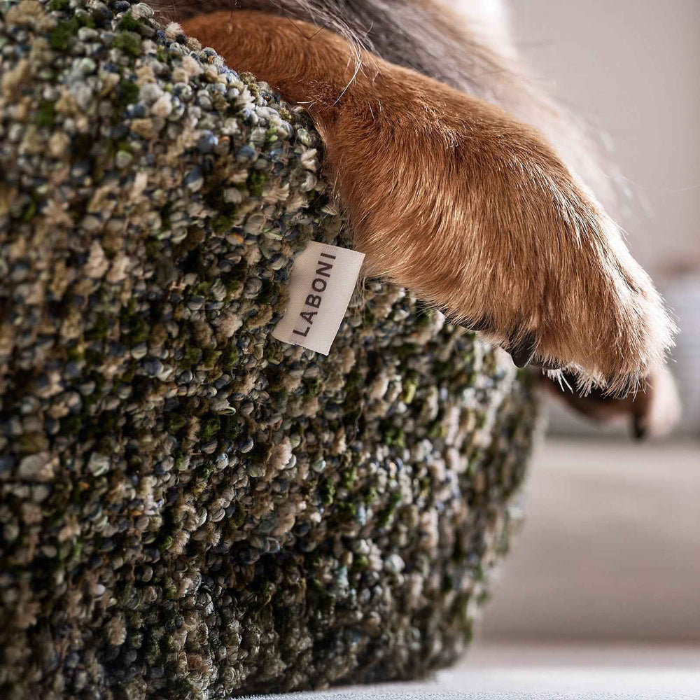 ALT-Text: Texturiertes ORTHO Hundebett SIENA mit LABONI Etikett und Hundepfote für optimalen Komfort und Style.