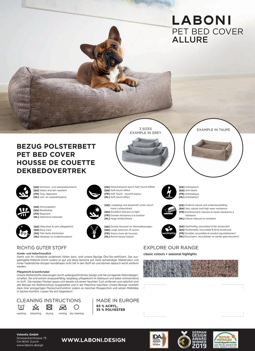 Graues Hundebettcover "Allure" von Laboni, erhältlich in verschiedenen Größen für maximalen Komfort.