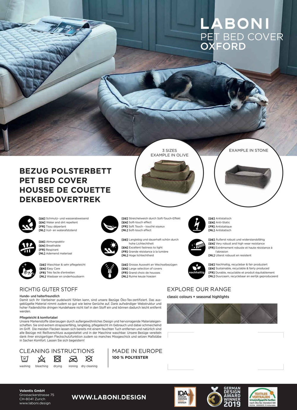 "CLASSIC Hundebett OXFORD mit Hund in grau, verfügbar in drei Größen für Komfort und Stil."