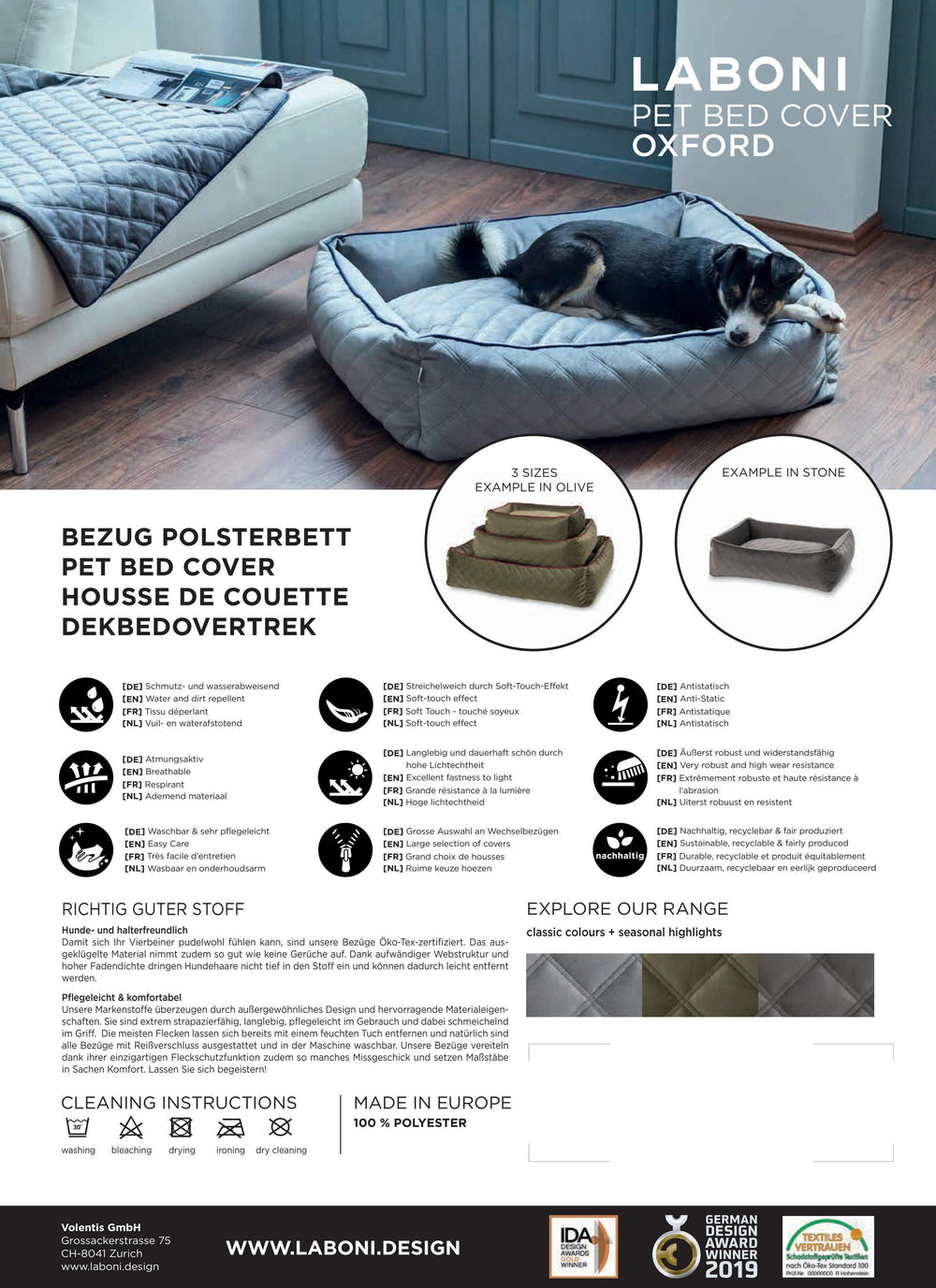 Hund liegt auf dem CLASSIC Hundebett OXFORD GREY; Produktübersicht zu Materialien und Pflegehinweisen.