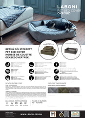 Hund liegt auf dem CLASSIC Hundebett OXFORD GREY; Produktübersicht zu Materialien und Pflegehinweisen.