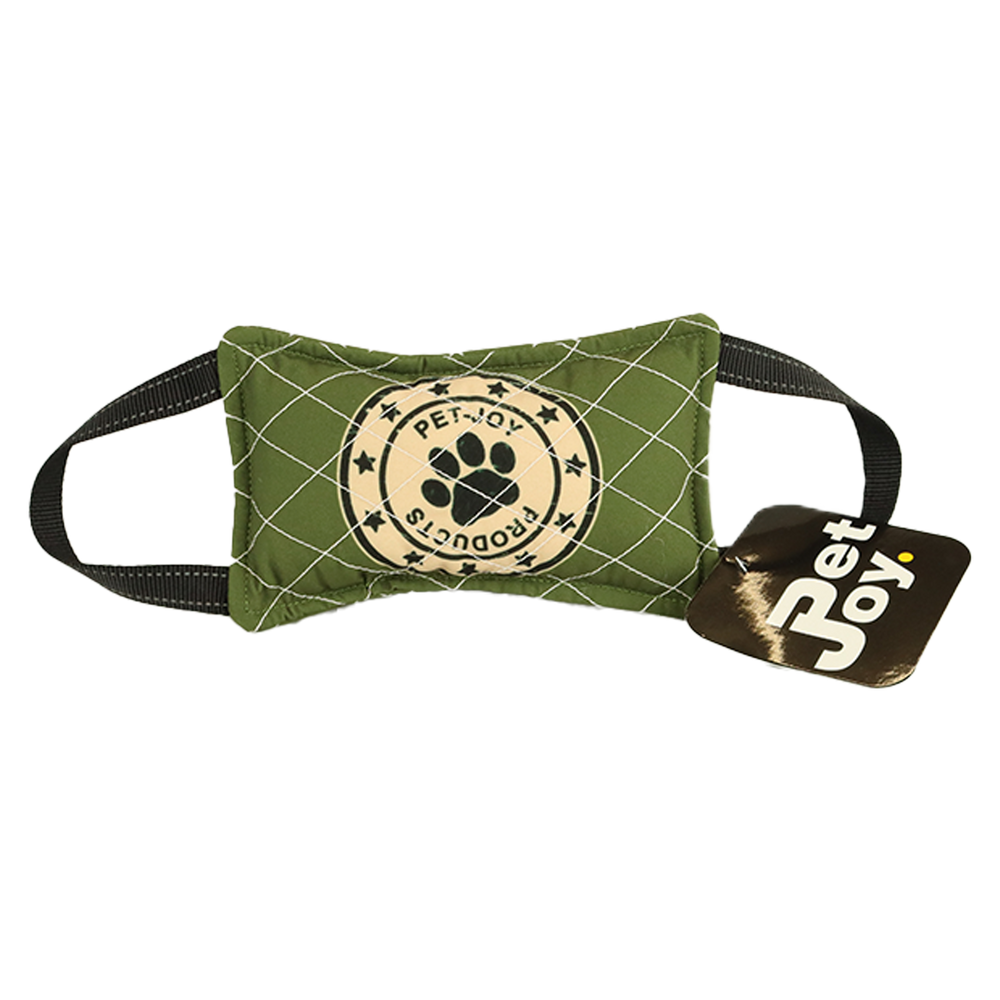 Hunde-Spielzeug in olivgrün mit gesticktem Logo und Pfotenabdruck von PET-JOY PRODUCTS, rechteckige Form.