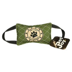 Hunde-Spielzeug in olivgrün mit gesticktem Logo und Pfotenabdruck von PET-JOY PRODUCTS, rechteckige Form.