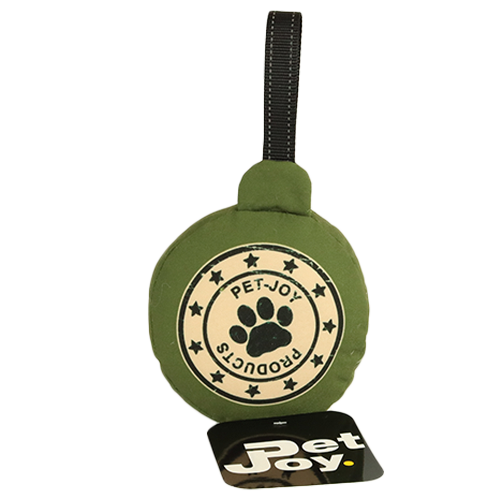 Rundes, grünes Hundespielzeug mit Aufhängeband und "PET-JOY PRODUCTS"-Aufdruck, ideal für verspielte Hunde.