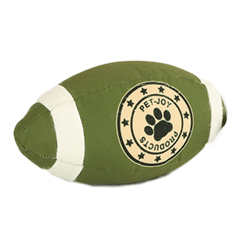 Weiches grünes Rugbyball-Spielzeug von PET-JOY PRODUCTS für Haustiere mit dunklem Rand und fünf Sternen.