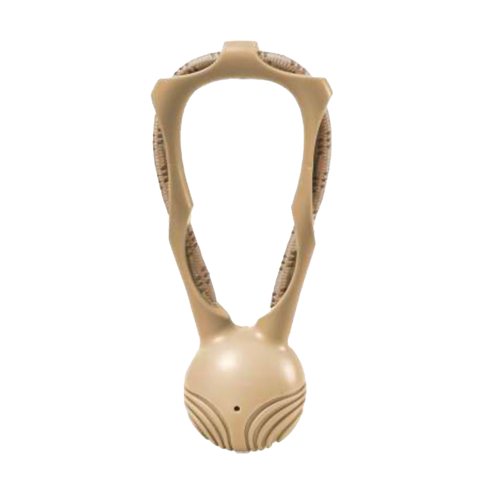 Beige Hundespielzeug Tug mit ergonomischem Design, rundem Sockel und gewölbtem Griff für angenehmes Spielen.