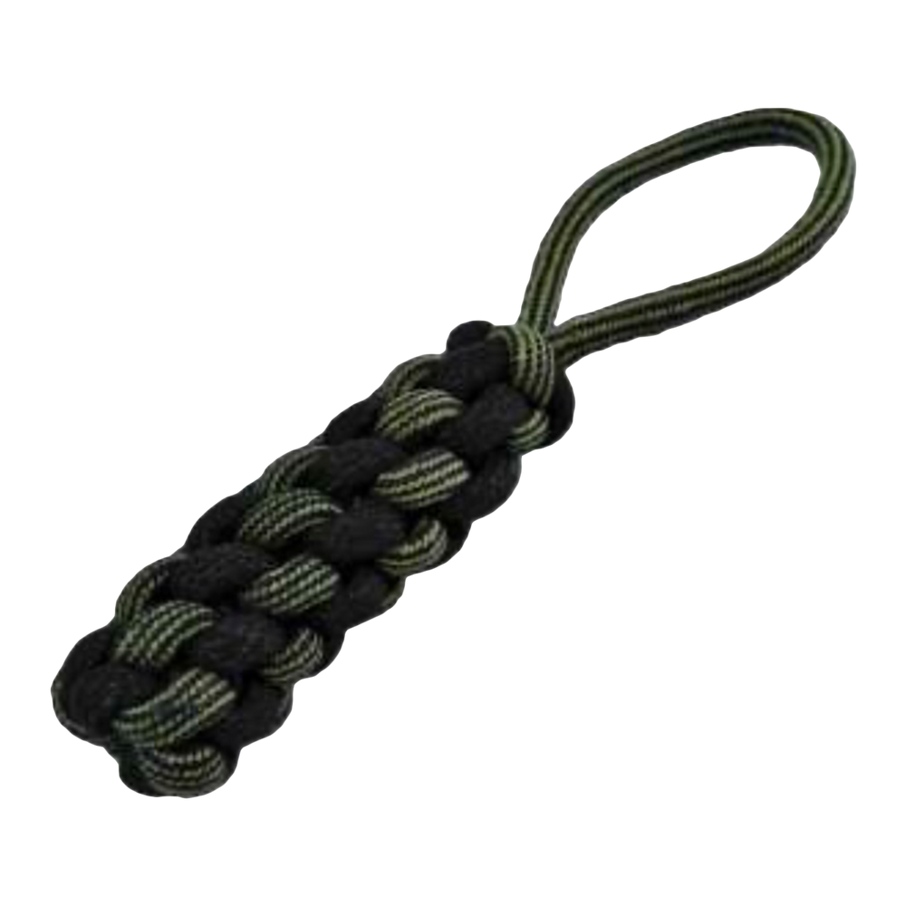 Geflochtenes Hundespielzeug aus Paracord in Schwarz und Olivgrün, ideal zum Werfen und Spielen.