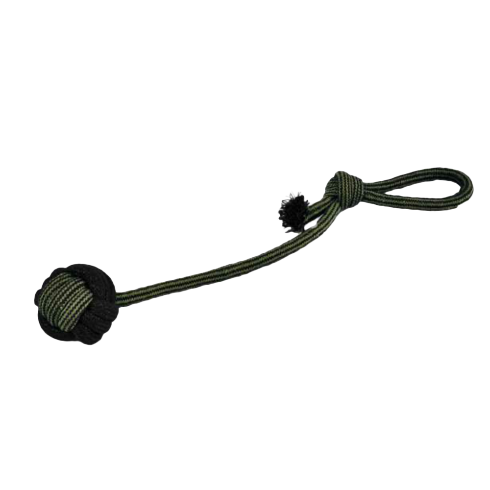 Hundespielzeug aus Seil in Schwarz und Olivgrün, 36 cm lang, ideal zum Spielen und Kauen für Hunde.