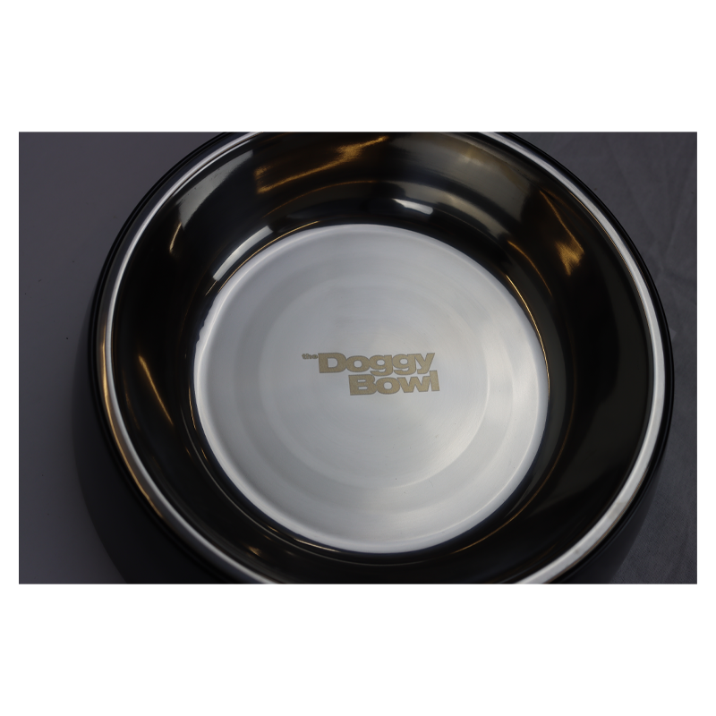 Runder Edelstahl-Hundenapf "the Doggy BOWL" mit glänzendem Innenraum und goldenem Schriftzug.