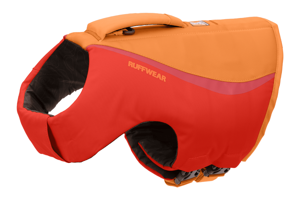 Orange-rotes Float Coat™ Schwimmweste für Hunde von Ruffwear, gepolstert und robust für Outdoor-Aktivitäten.