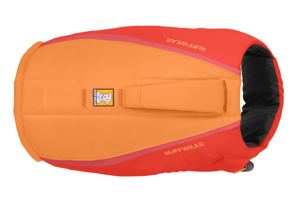 "Ruffwear Float Coat™ Schwimmweste für Hunde in leuchtendem Orange-Rot, ideal für sicheres Schwimmen."