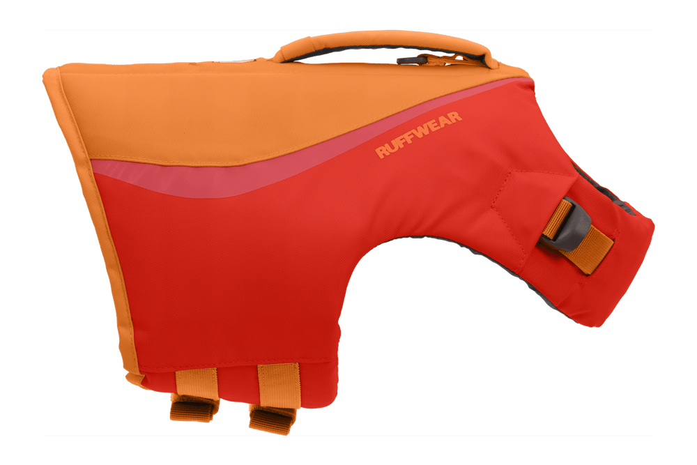 Rote und orange Schwimmweste für Hunde mit Tragegriff und verstellbaren Schnallen für sicheren Sitz.