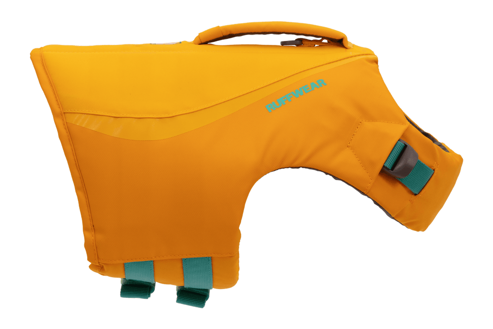 Orange Hunde-Schwimmweste von Ruffwear mit verstellbaren türkisfarbenen Gurten und Sicherheitsgriff, ideal für Wassersport.