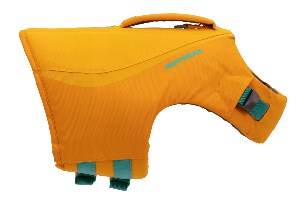 Orange Hunde-Schwimmweste von Ruffwear mit verstellbaren türkisfarbenen Gurten und Sicherheitsgriff, ideal für Wassersport.