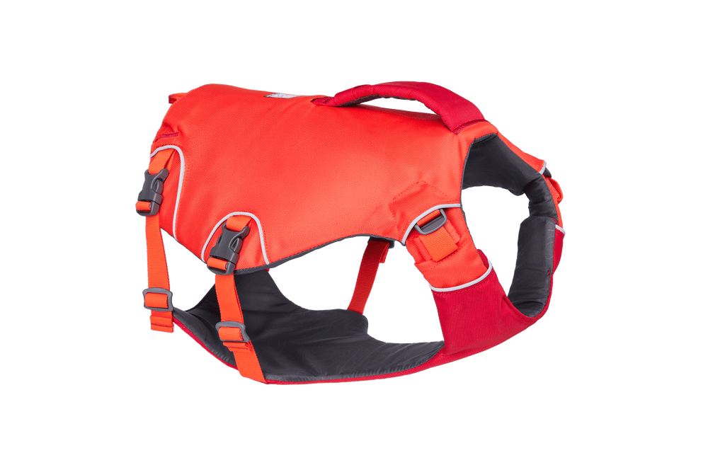 "Confluence™ Schwimmweste für Hunde in Rot mit ergonomischem Design, gepolstertem Innenbereich und verstellbaren Gurten."