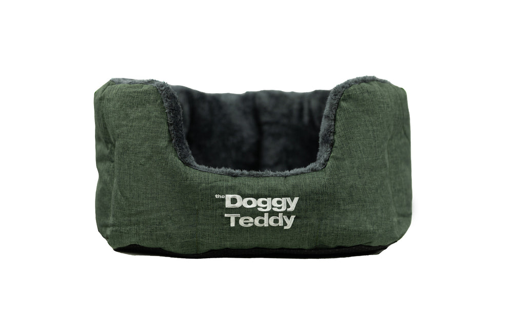 Hundebett "Doggy Teddy Strong" in Grün mit grauem Innenbereich – bequem und stylisch für Ihren Liebling.