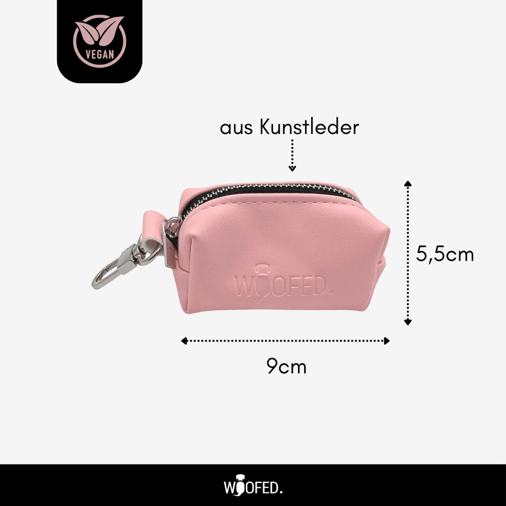 Kotbeutelspender Lady Rose aus veganem Kunstleder in Rosa mit Reißverschluss und Schlüsselring, ideal für Gassirunden.