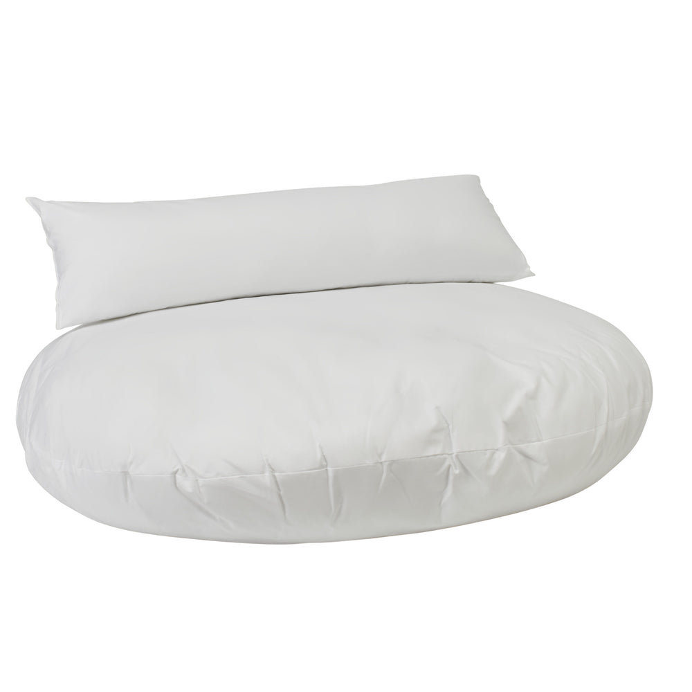 Weißer runder Sitzsack mit Rückenlehne, ECO-COMFORT Füllung, 2-teiliges LUNA LOUNGE SET, glatte gepolsterte Oberfläche.