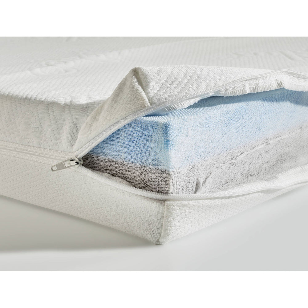 "Ortho Hundebett OXFORD mit abnehmbarem Bezug und sichtbaren Schaumstoffschichten in Blau und Grau."