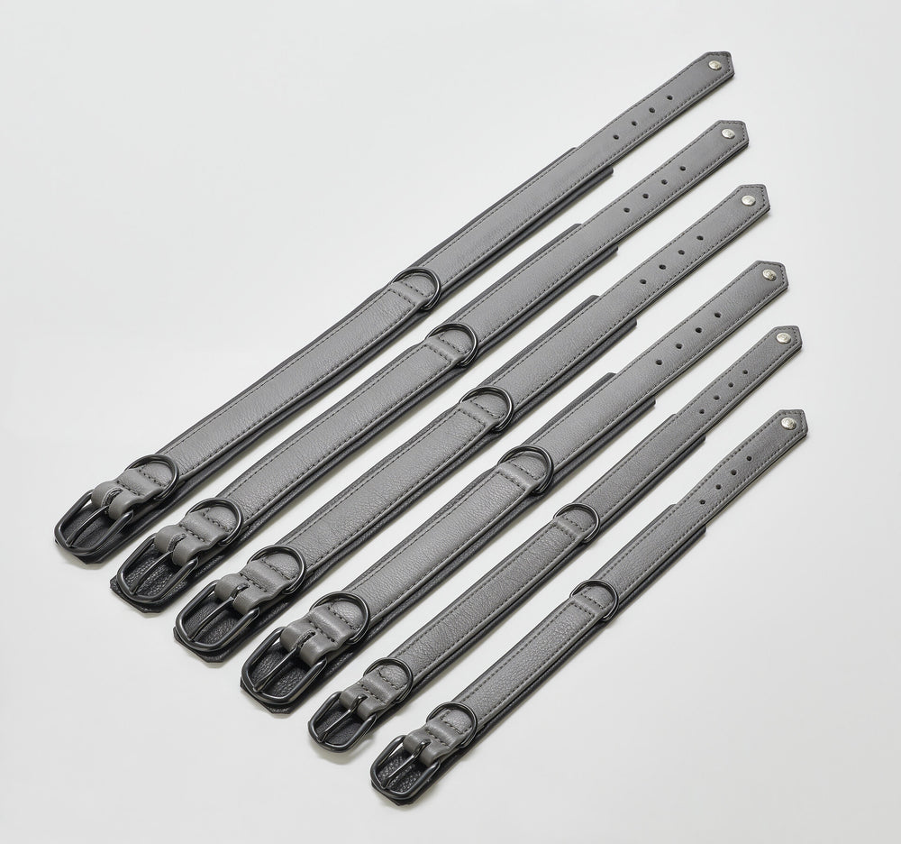 Stylishe graue Lederhalsbänder in verschiedenen Längen mit feinen Schnallen – ein modernes Fashion-Statement von AMICI.