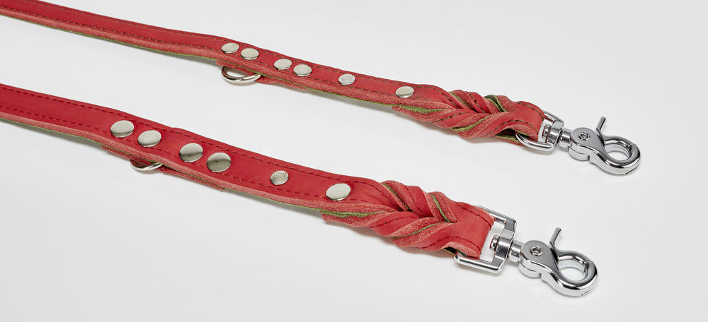 Elegantes rotes Lederhundehalsband mit grünen Akzenten und silbernen Nieten, ideal für stilbewusste Hundefreunde.
