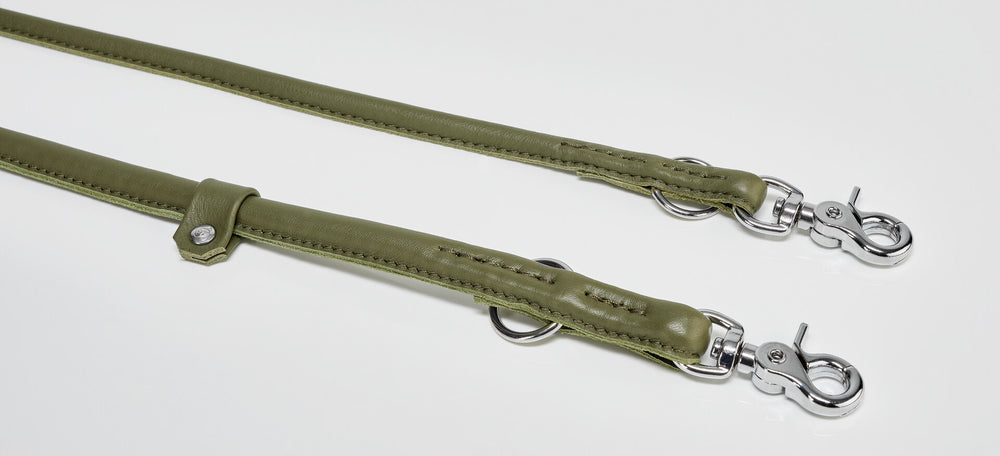 Grüne Leder-Hundeleine mit stabilen Karabinerhaken und dekorativer Naht für einen beeindruckenden Auftritt.