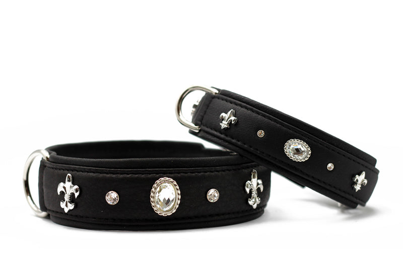 Schwarze Lederhundehalsbänder mit silbernen Verzierungen und ovalem Stein, eines breiter, das andere schmaler.