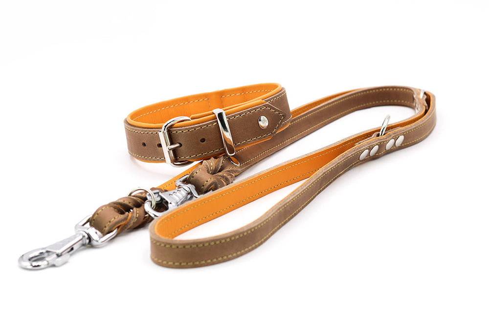 "Hundehalsband Klassik Premium Mokka aus braunem Leder mit orangefarbener Innenseite und passender Leine."