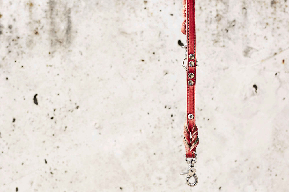 "Rote Fettleder Hundeleine EDELWEISS mit handgeflechteten Details und Karabiner – robust und stilvoll."