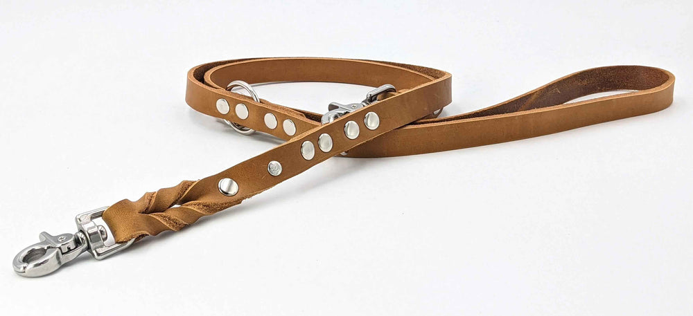 Braune Lederhundeleine mit Metallnieten und silbernem Karabinerhaken für vielseitige Einsätze.