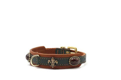 Braunes Lederhalsband für Hunde mit grüner Seite, roten Steinen und Fleur-de-Lis-Motiv in Gold. Ideal für stilvolle Haustiere.