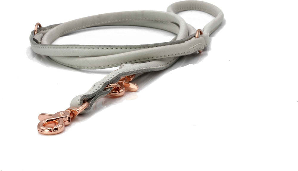 Elegante graue Leder-Hundeleine mit roséfarbenem Karabinerhaken für modebewusste Hundefreunde.