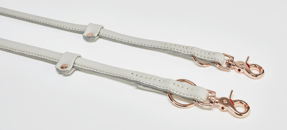 Stylishe Hundeleinen aus hellbeigem Leder mit silbernen Karabinerhaken für ein modisches Statement.