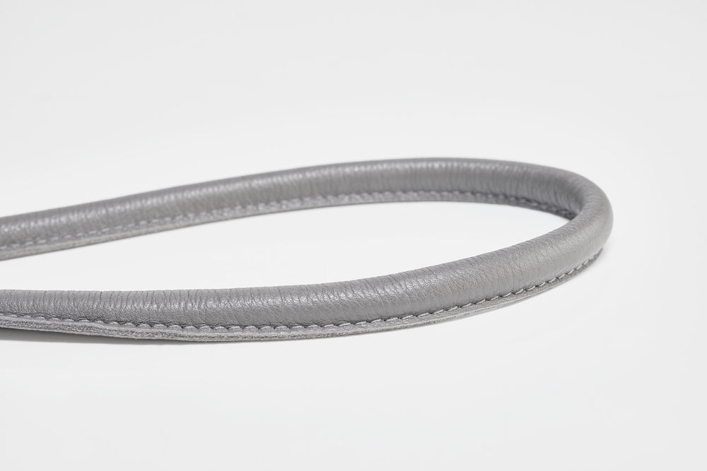 Stylisches graues Lederhalsband mit hochwertigem Riemen – ideale Kombination für modische Hundebesitzer.