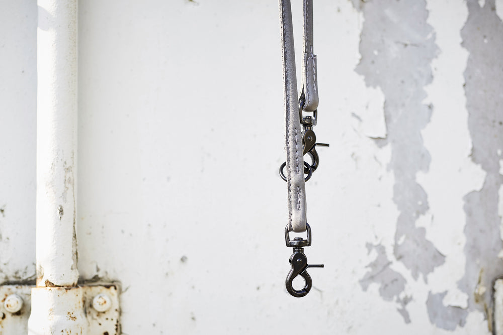 Stylishe graue Hundeleine mit Metallkarabinerhaken vor unscharfem, hellem Hintergrund. Ideal für trendbewusste Hundebesitzer.